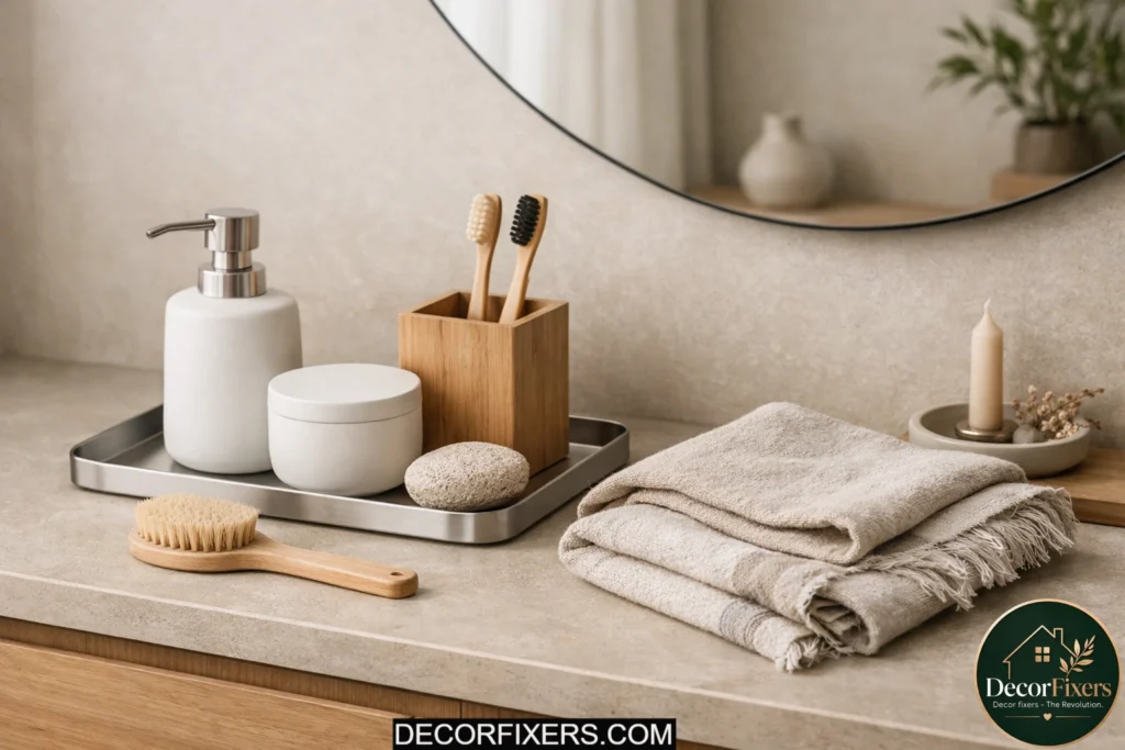 Japandi bathroom accessories in wood, ceramic, and brushed metal finishes