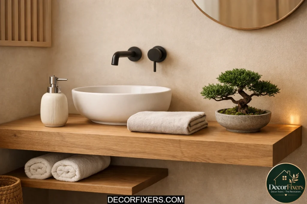 Curated Japandi bathroom decor with minimal accessories and warm textures
