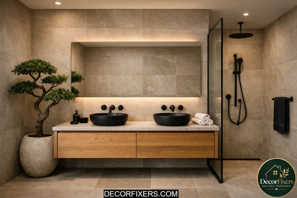 Balanced Japandi bathroom avoiding clutter and mixed finishes