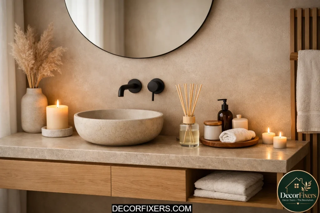 Reed diffuser and calming spa decor in Japandi bathroom