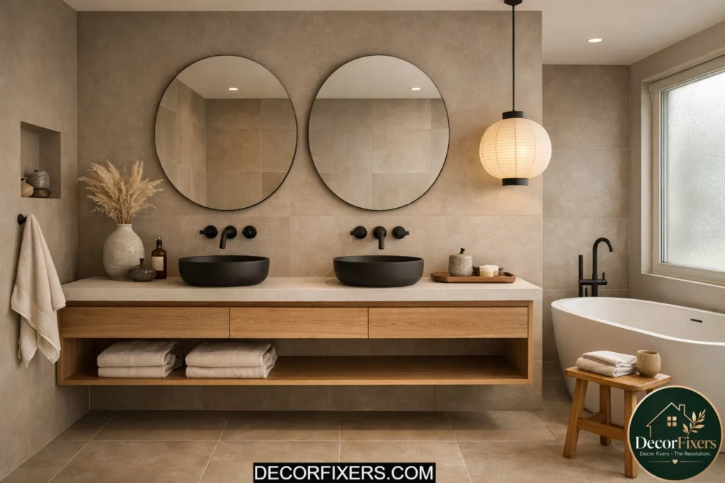 Warm neutral Japandi bathroom with taupe walls, floating vanity, and soft natural lighting