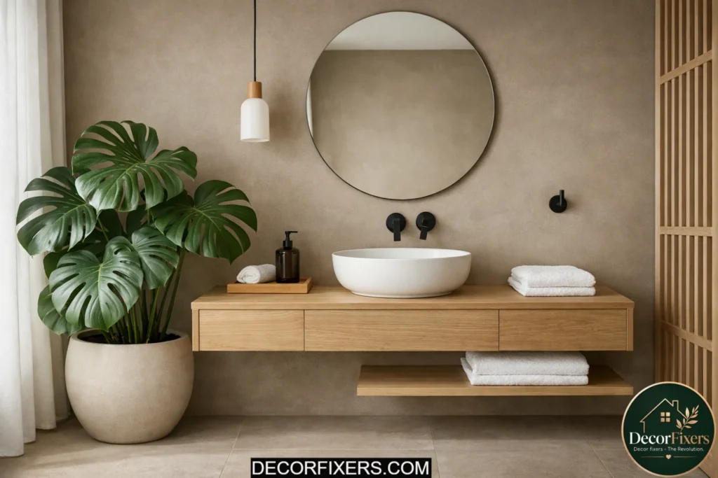 Minimal Japandi bathroom with a single sculptural indoor plant