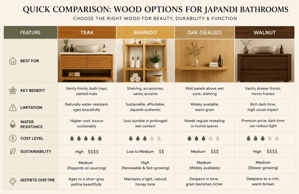 Comparison table infographic showing teak, bamboo, oak, and walnut wood options for Japandi bathrooms with durability, cost, sustainability, and aesthetic benefits comparison chart