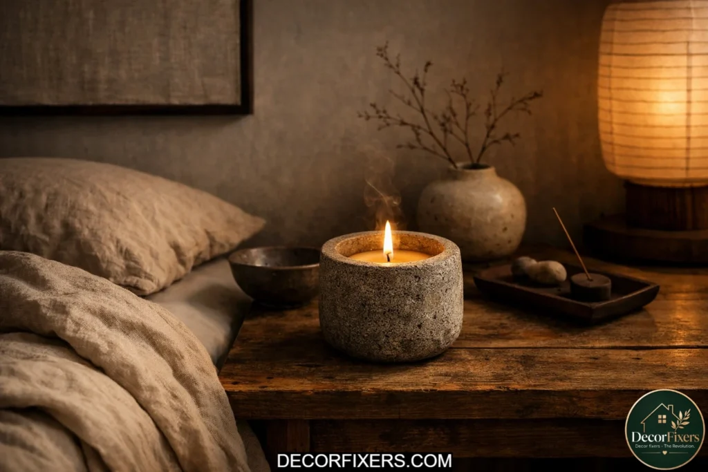 Cedarwood candle styling in a calm Japandi bedroom