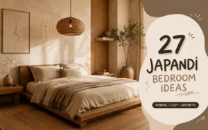 Luxury Japandi bedroom with warm oak furniture and layered neutral textures