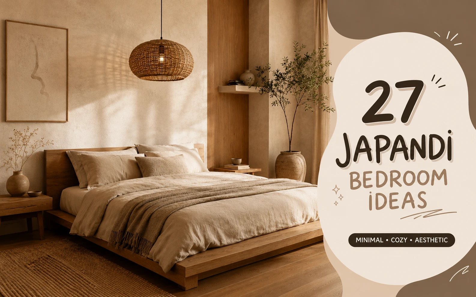 Luxury Japandi bedroom with warm oak furniture and layered neutral textures