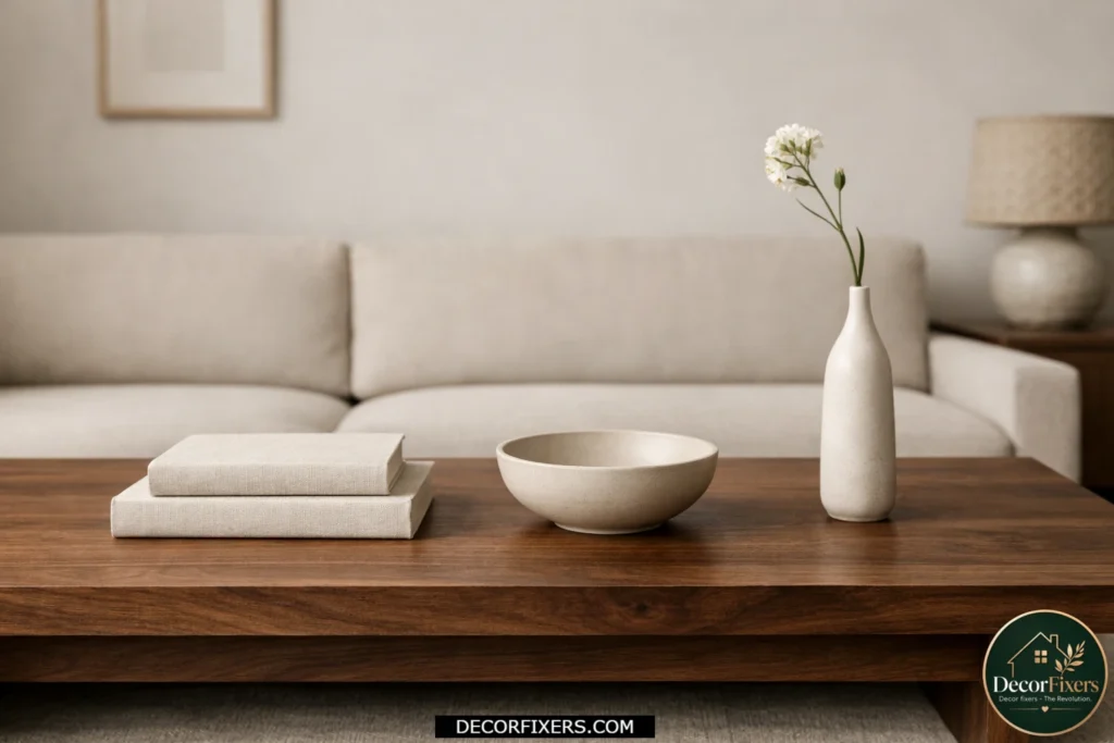 Minimal Japandi coffee table styling with curated decor objects