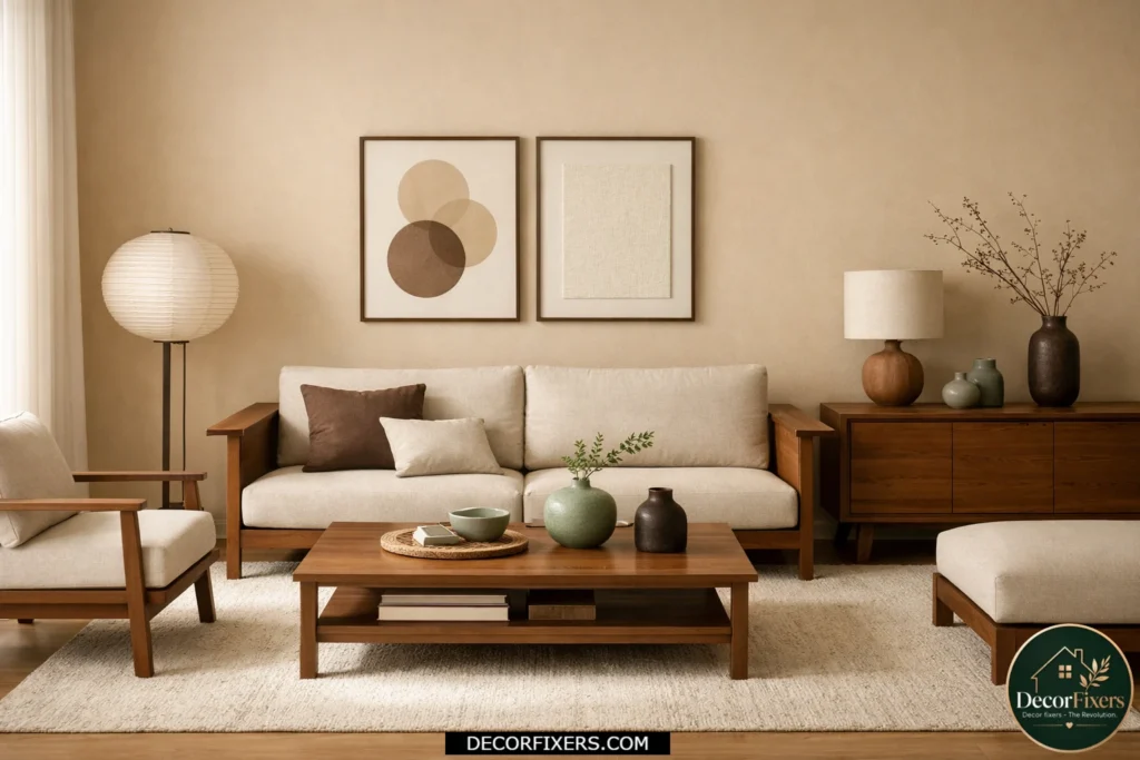 Japandi living room using balanced neutral and mocha brown tones