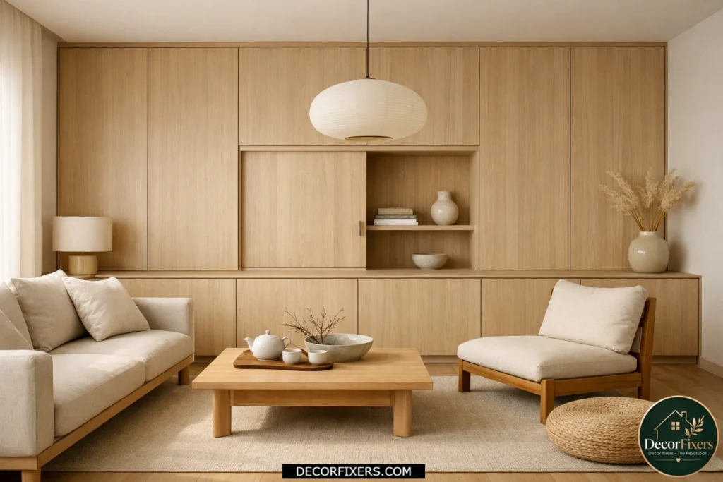 Japandi living room with minimalist hidden storage solutions