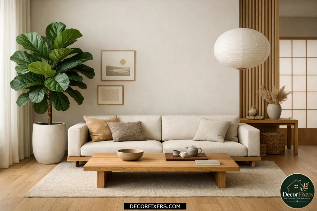 Japandi living room with carefully placed fiddle leaf fig plant