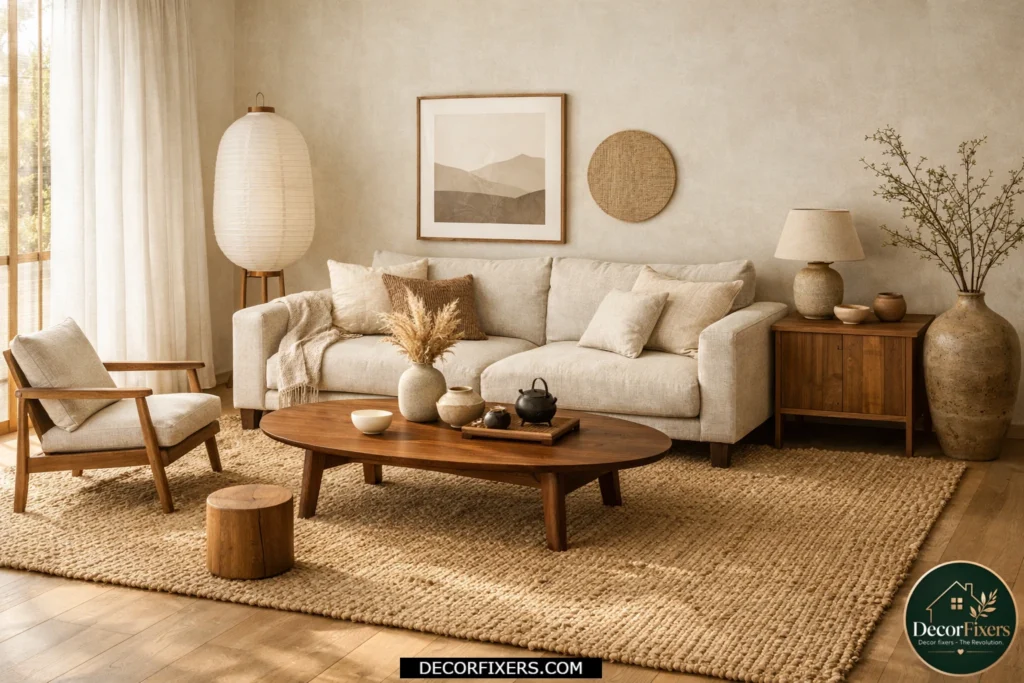 Japandi seating area styled with a large natural jute rug