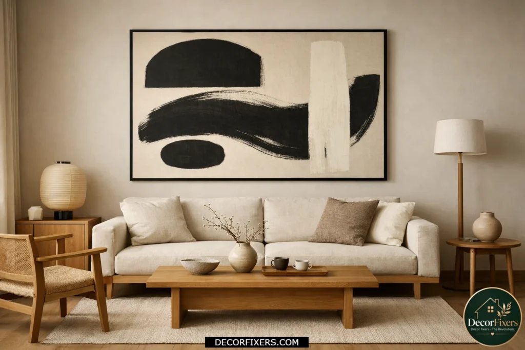 Japandi living room with oversized minimalist wall art