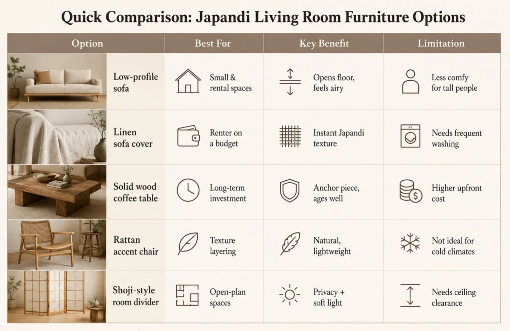 Comparison table of Japandi living room furniture options including sofas rugs rattan chairs and shoji dividers