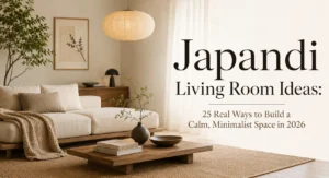 Elegant Japandi living room with warm neutral tones, low wooden sofa, and minimalist decor with title overlay