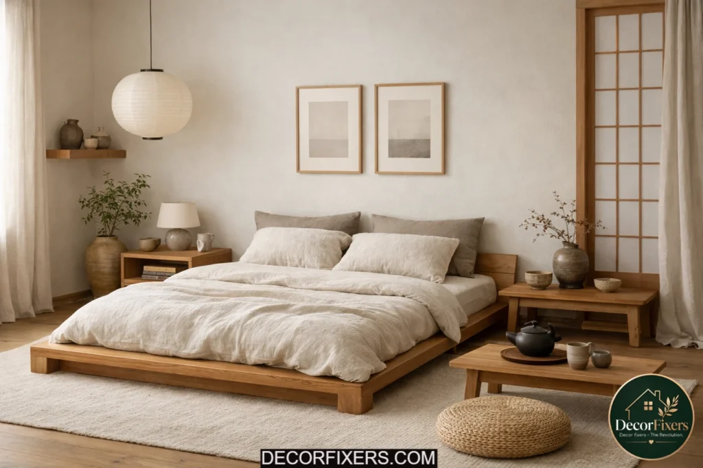 Japandi bedroom with warm wood furniture and calming natural textures