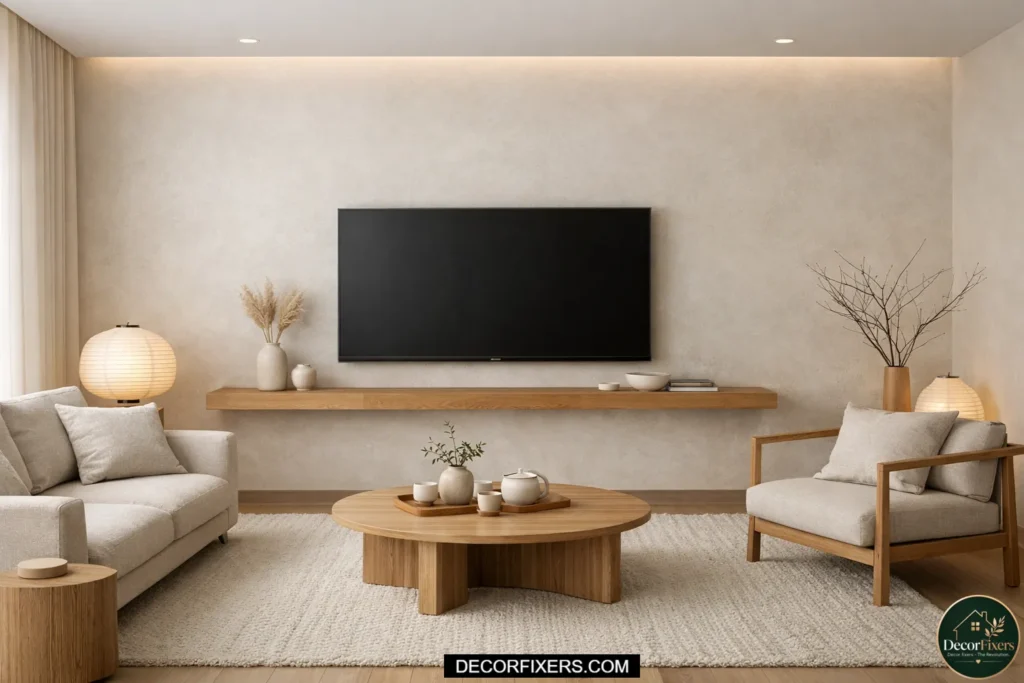 A Japandi-inspired TV wall with a textured limewash surface, a single low horizontal floating shelf below the mounted television, and minimal ceramic decor objects in a warm neutral palette