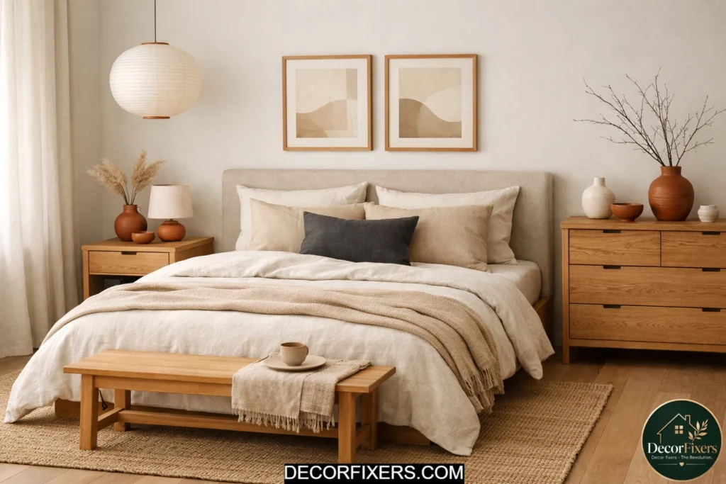 Japandi bedroom using warm oat, stone, oak, and terracotta neutral tones