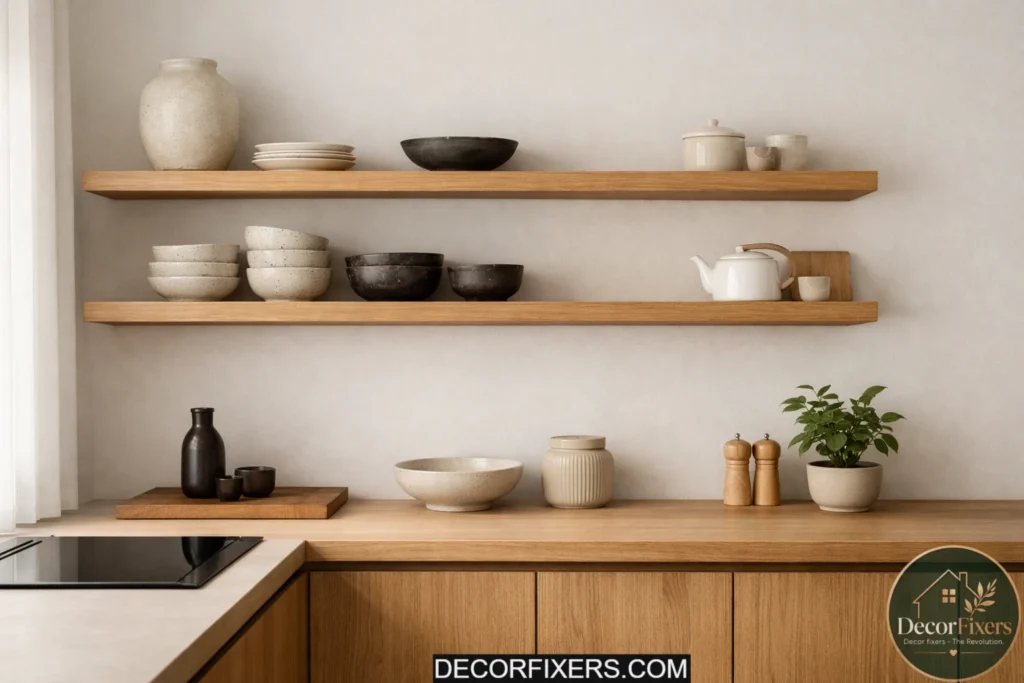 Japandi kitchen with floating oak shelves styled with ceramics and greenery.