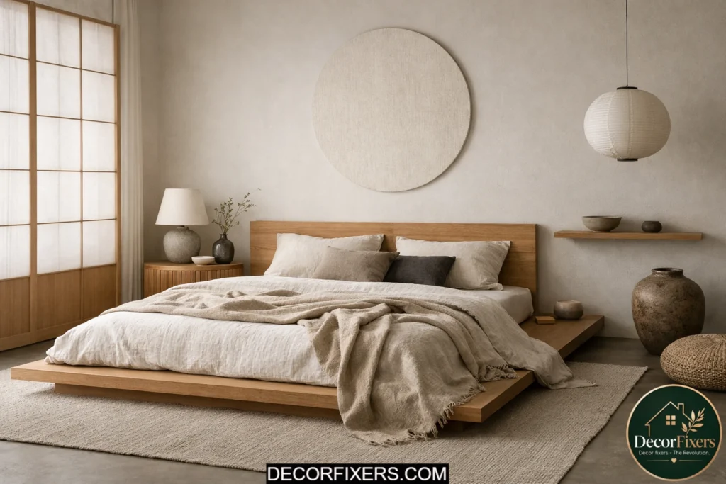 Japandi bedroom with low furniture, neutral tones, and calming minimalist design.