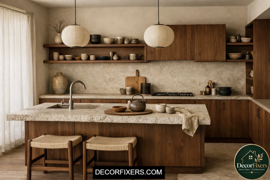 Japandi kitchen with walnut wood and wabi-sabi styling