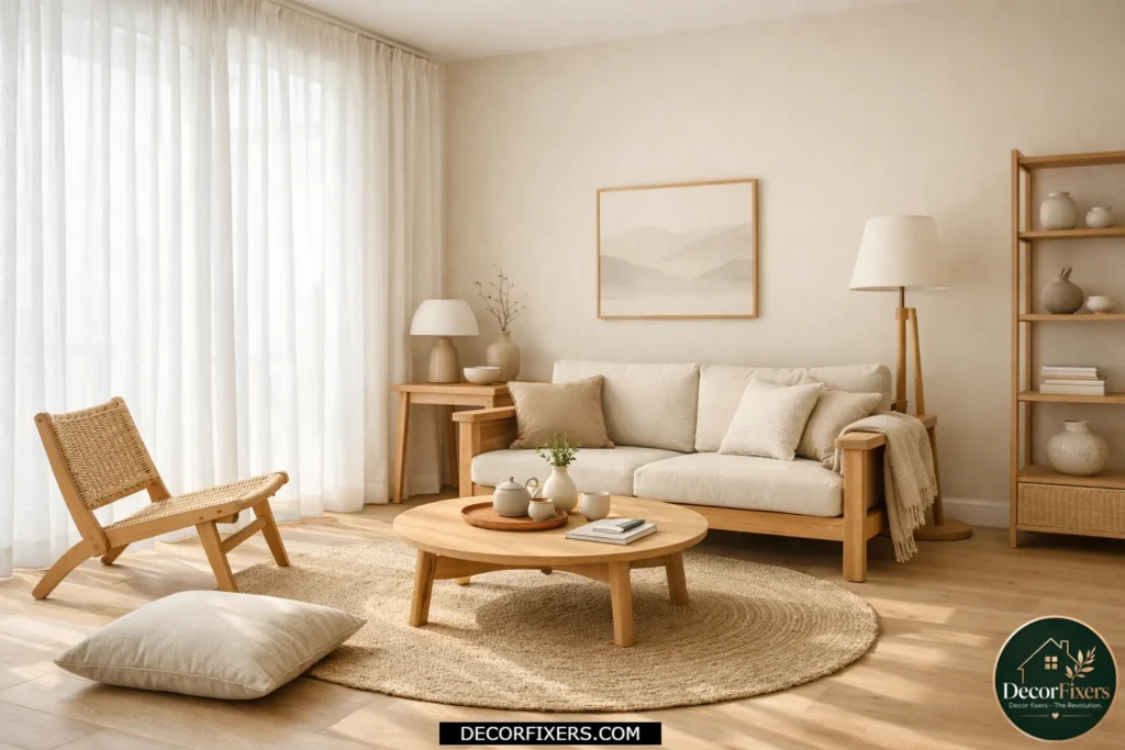 Japandi living room with sheer curtains and natural sunlight