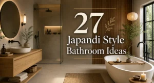 Featured image of a luxurious Japandi-style bathroom with floating wood vanity, a freestanding bathtub, warm neutral tones, matte black fixtures, and overlay text reading “27 Japandi Style Bathroom Ideas.a ”