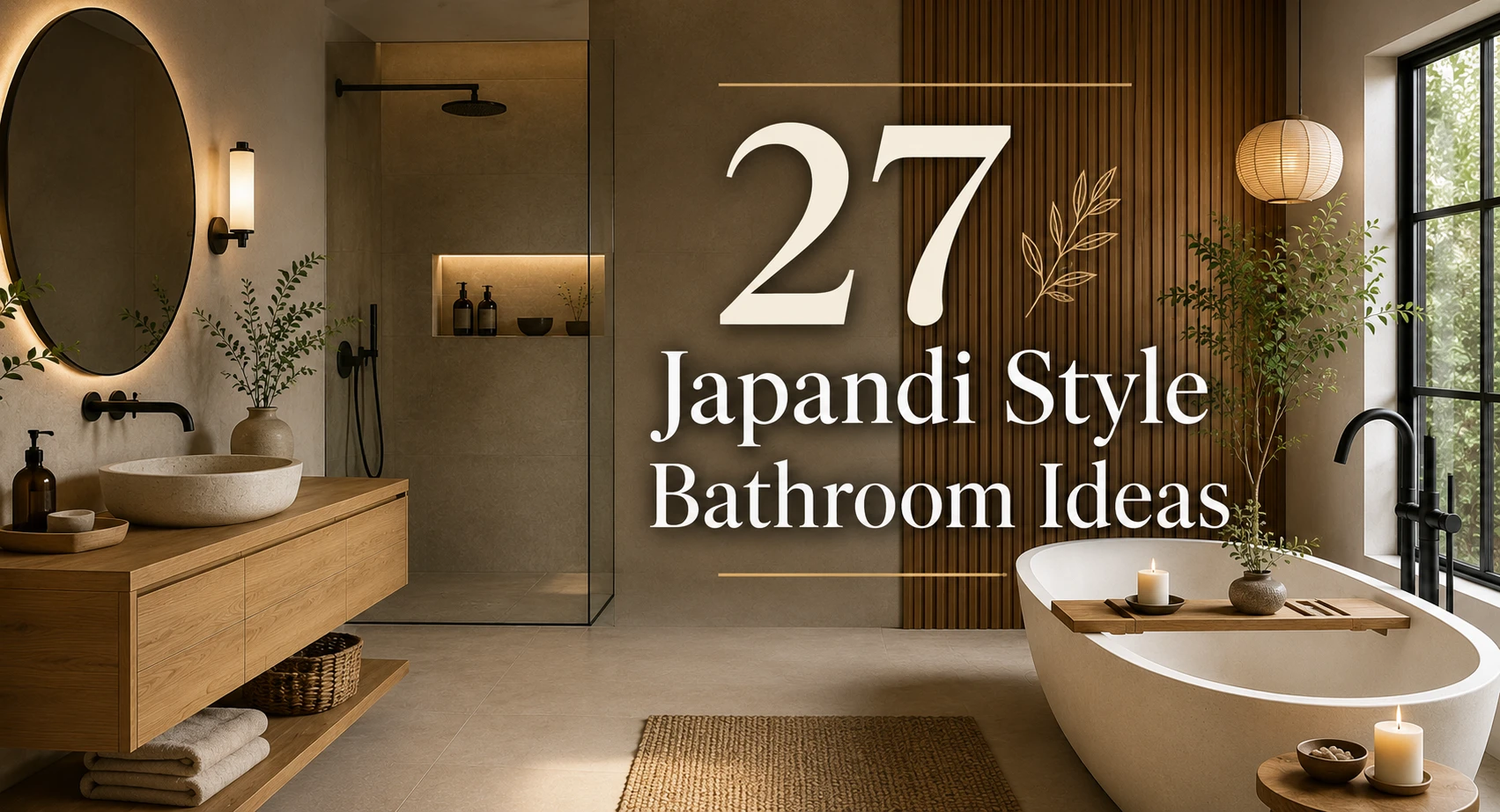 Featured image of a luxurious Japandi-style bathroom with floating wood vanity, a freestanding bathtub, warm neutral tones, matte black fixtures, and overlay text reading “27 Japandi Style Bathroom Ideas.a ”