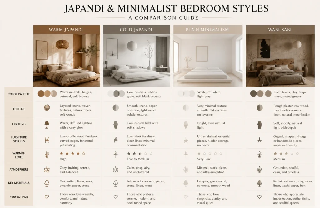 Comparison table showing Warm Japandi, Cold Japandi, Minimalism, and Wabi-Sabi styles

