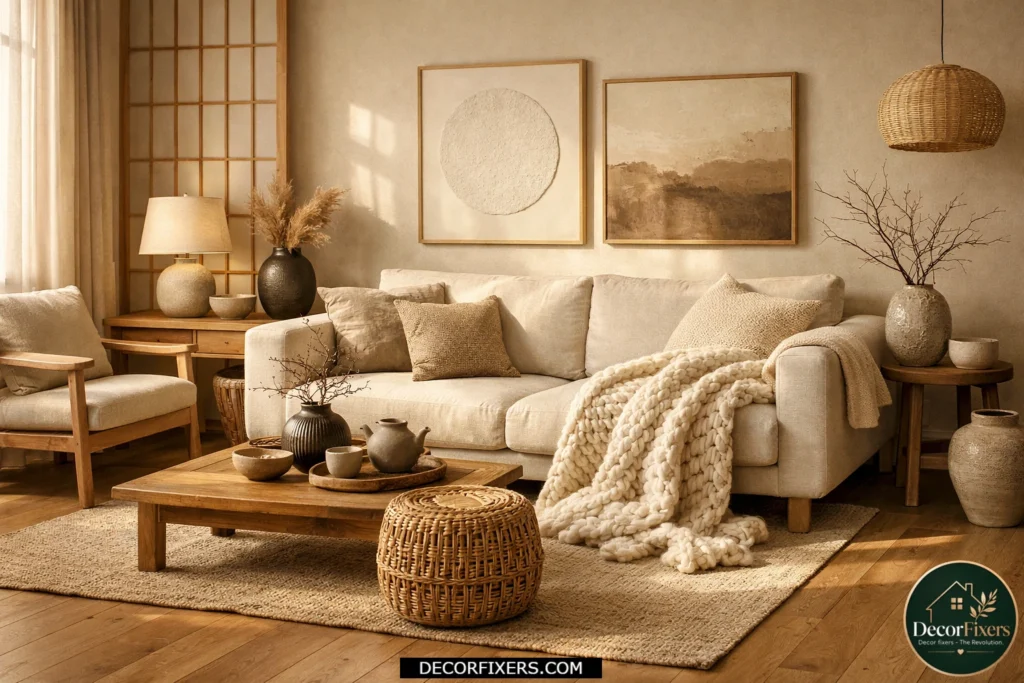 Japandi living room with linen wool and rattan texture layering