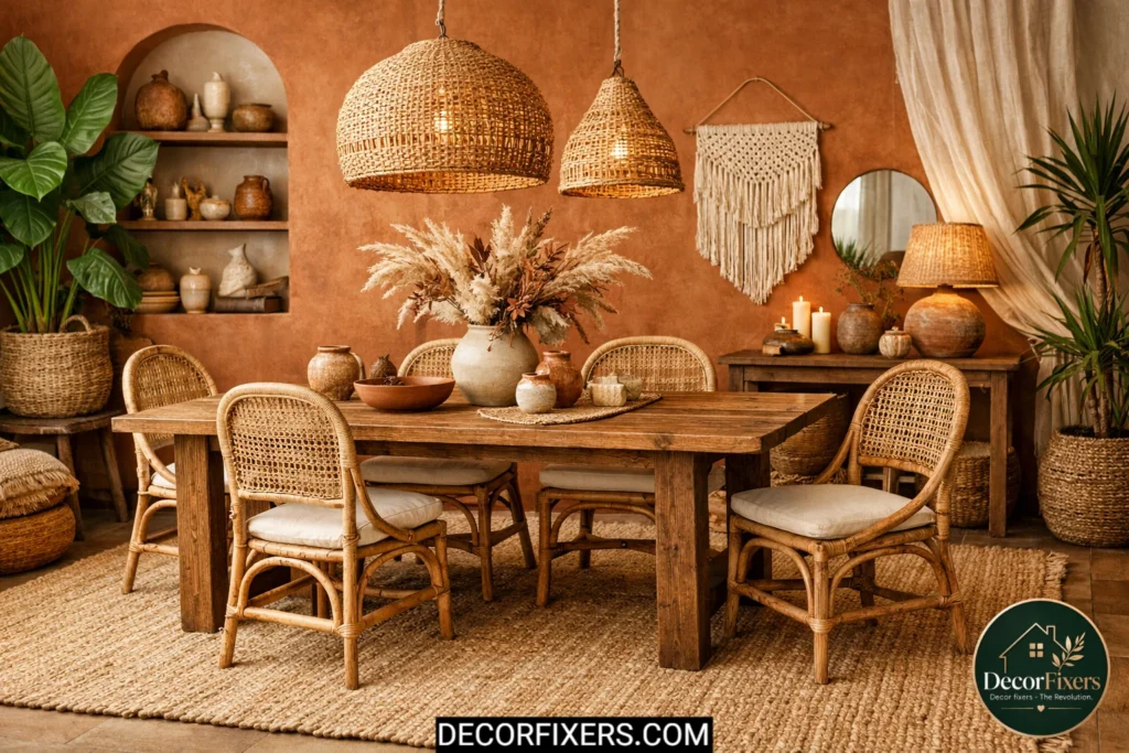 Boho dining room with large jute rug and natural wood dining furniture