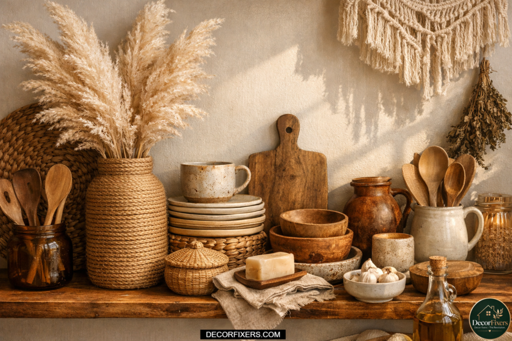 DIY jute rope wrapped vase styled with dried pampas grass on a kitchen shelf