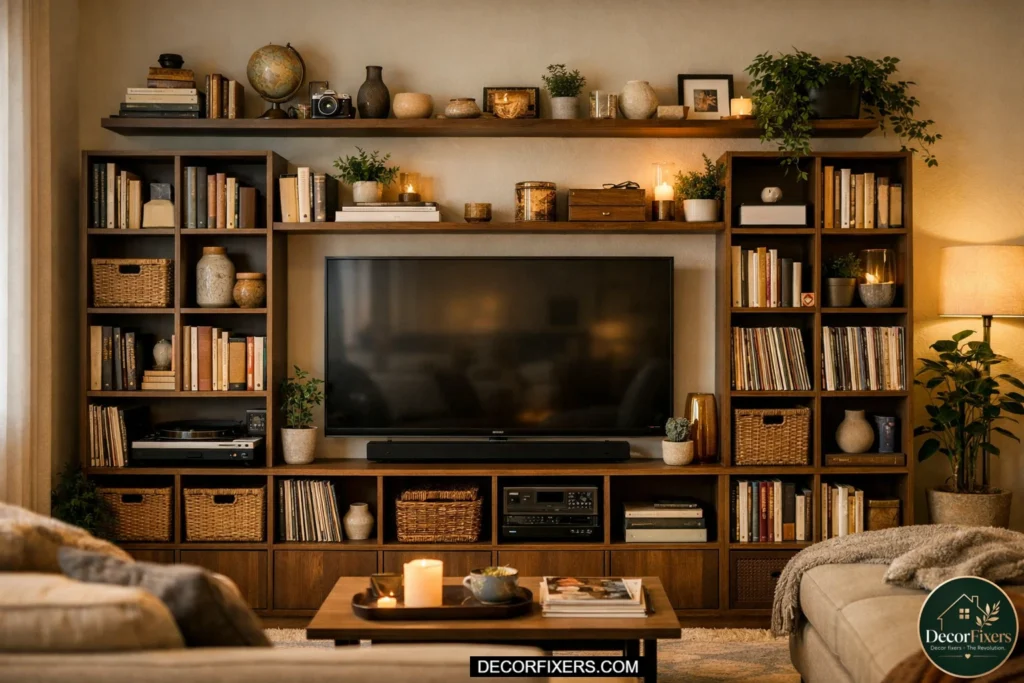 Full entertainment wall built with cube shelving and floating shelves above a TV, organized with books, baskets, vinyl records, decor, and plants in a small apartment