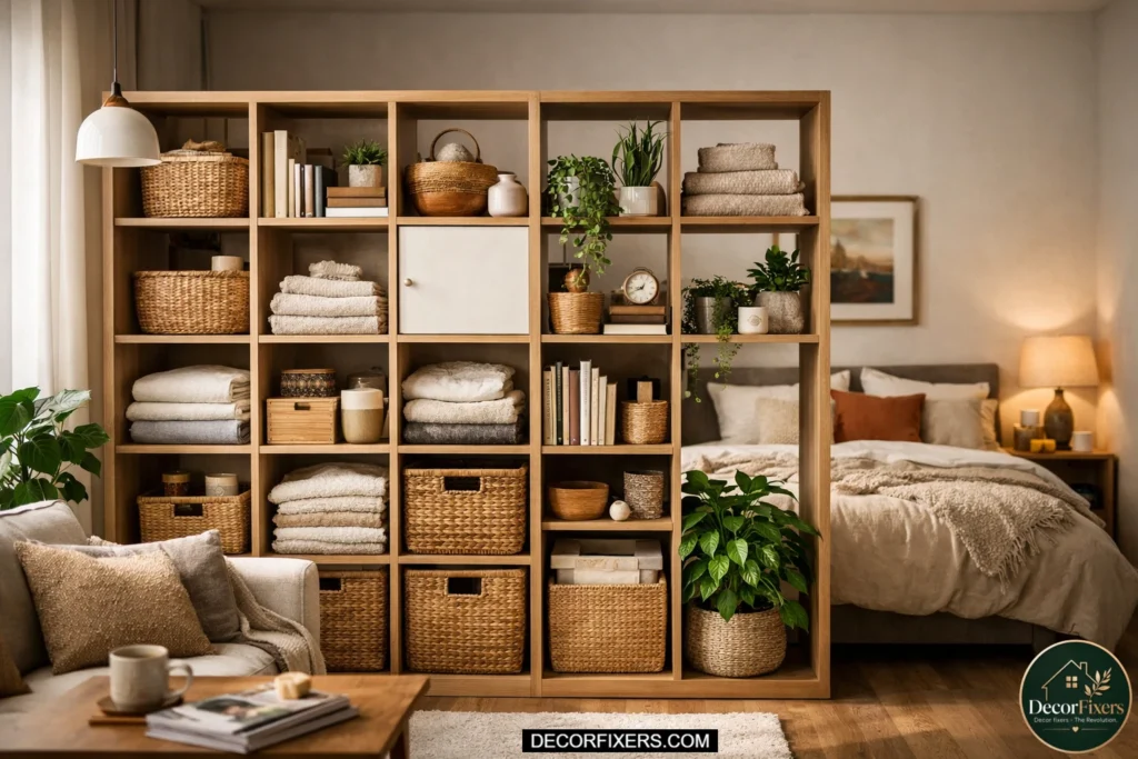 Modular cube shelving unit acting as a storage wall and room divider in a studio apartment, filled with baskets, books, plants, and folded linens