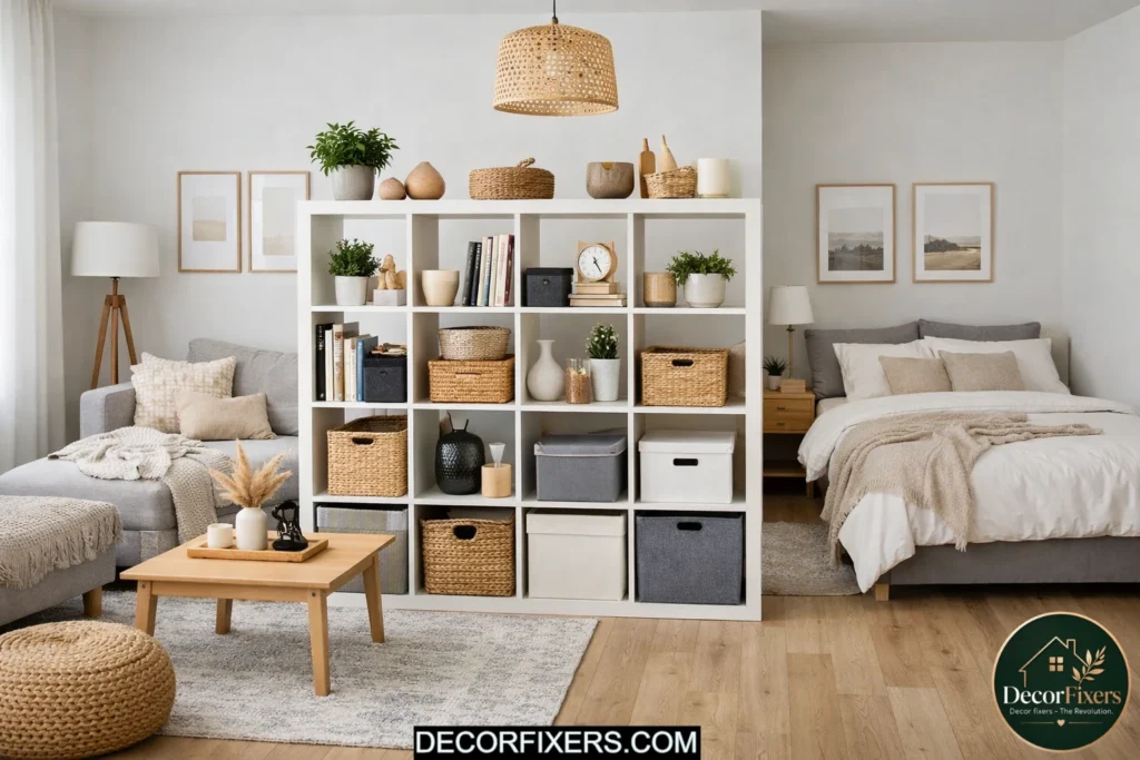 IKEA KALLAX shelf used as a room divider and storage unit in a studio apartment