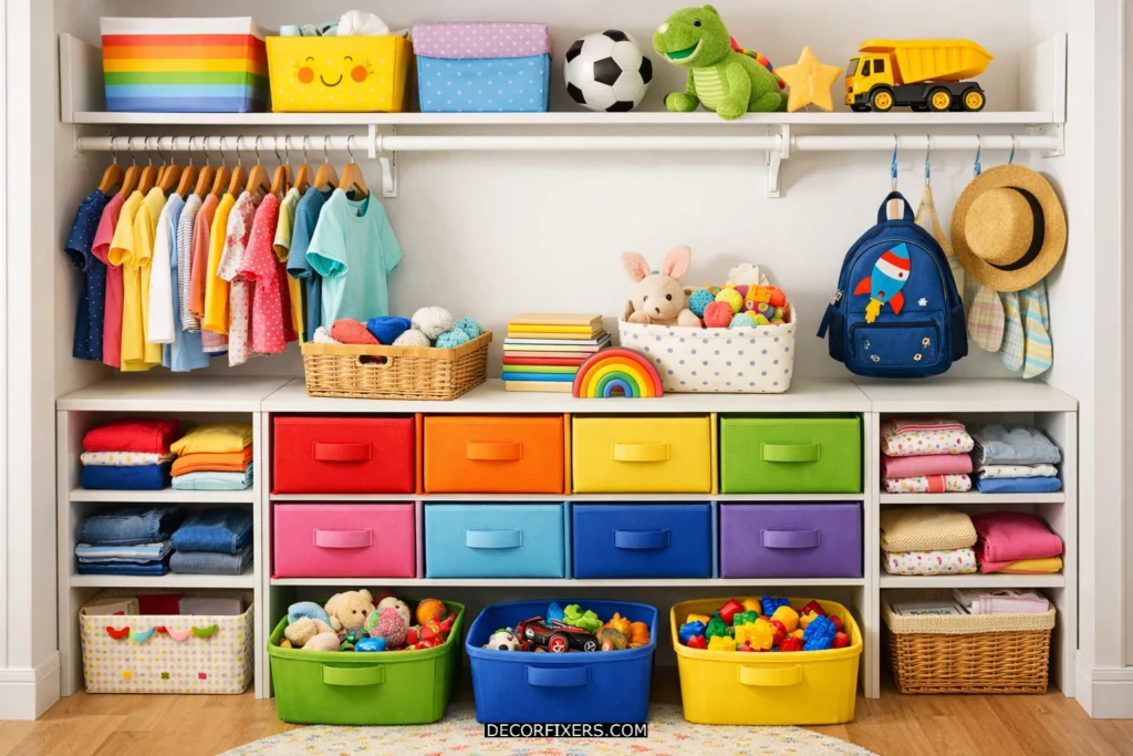 Low-reach kids’ closet drawer organizer.