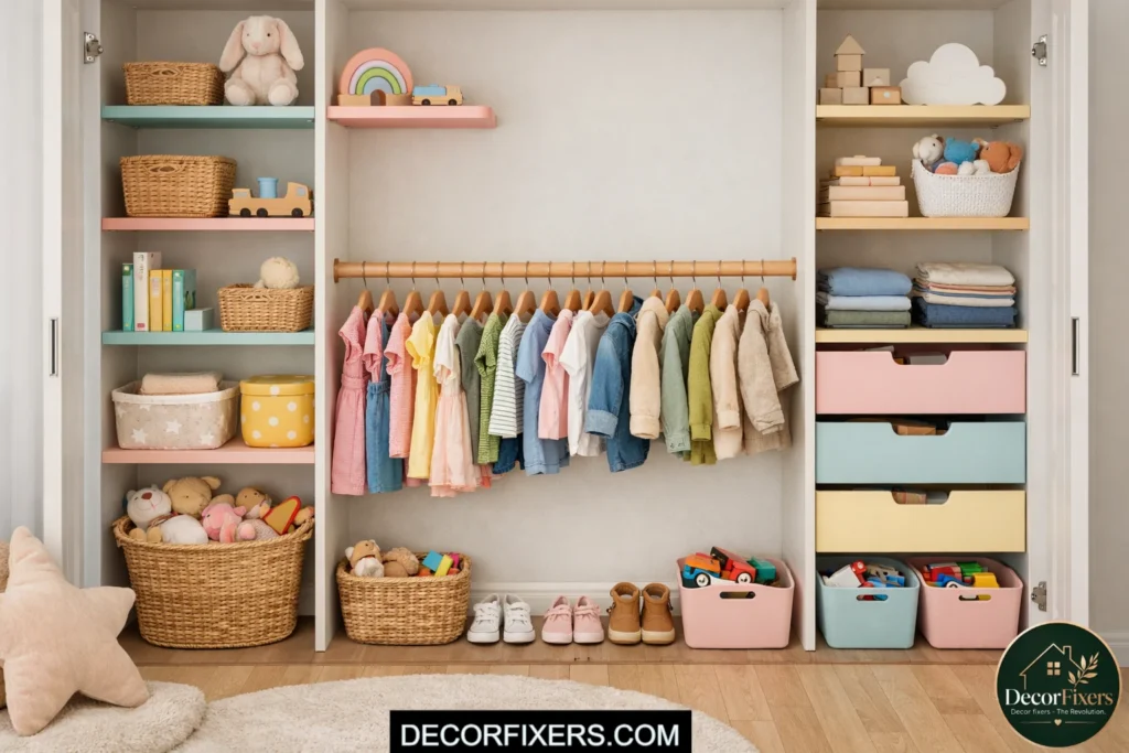 Kids closet with low rod and adjustable shelving system