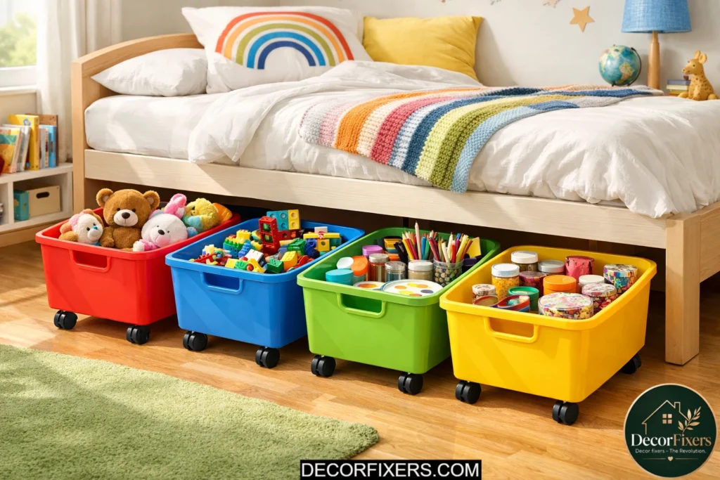 Rolling underbed toy storage bins in a kids' bedroom