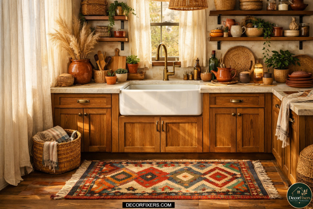 Colorful kilim rug layered in front of a farmhouse sink inside a cozy boho kitchen