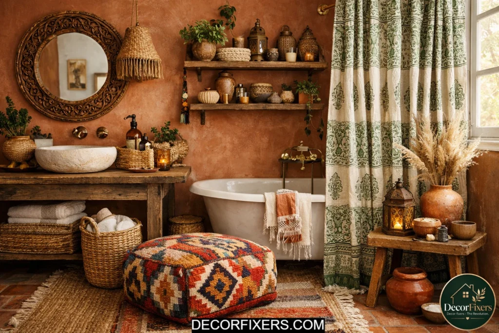 Kilim pouf and block-print textiles adding global character to a boho bathroom