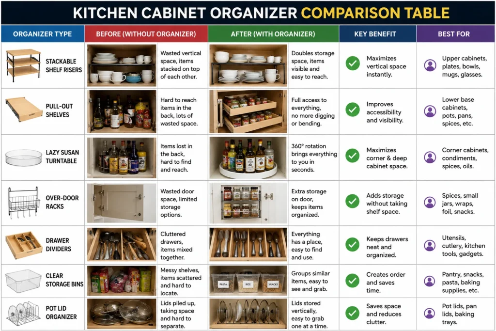 Kitchen cabinet organizer comparison table showing different storage solutions with before-and-after visuals, key benefits, and use cases in a structured grid layout