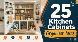 Feature banner image for “25 Kitchen Cabinets Organizer Ideas” showing a fully organized kitchen cabinet system with bold title text on the right side and clean modern design aesthetic