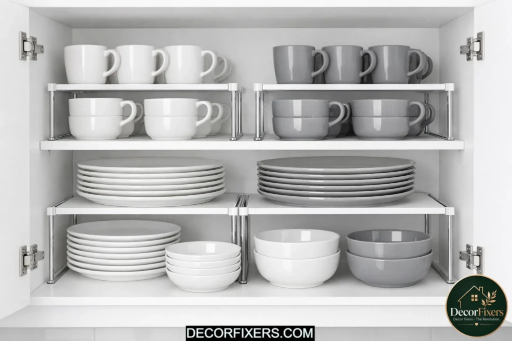Kitchen cabinet shelf risers doubling storage space for plates and mugs