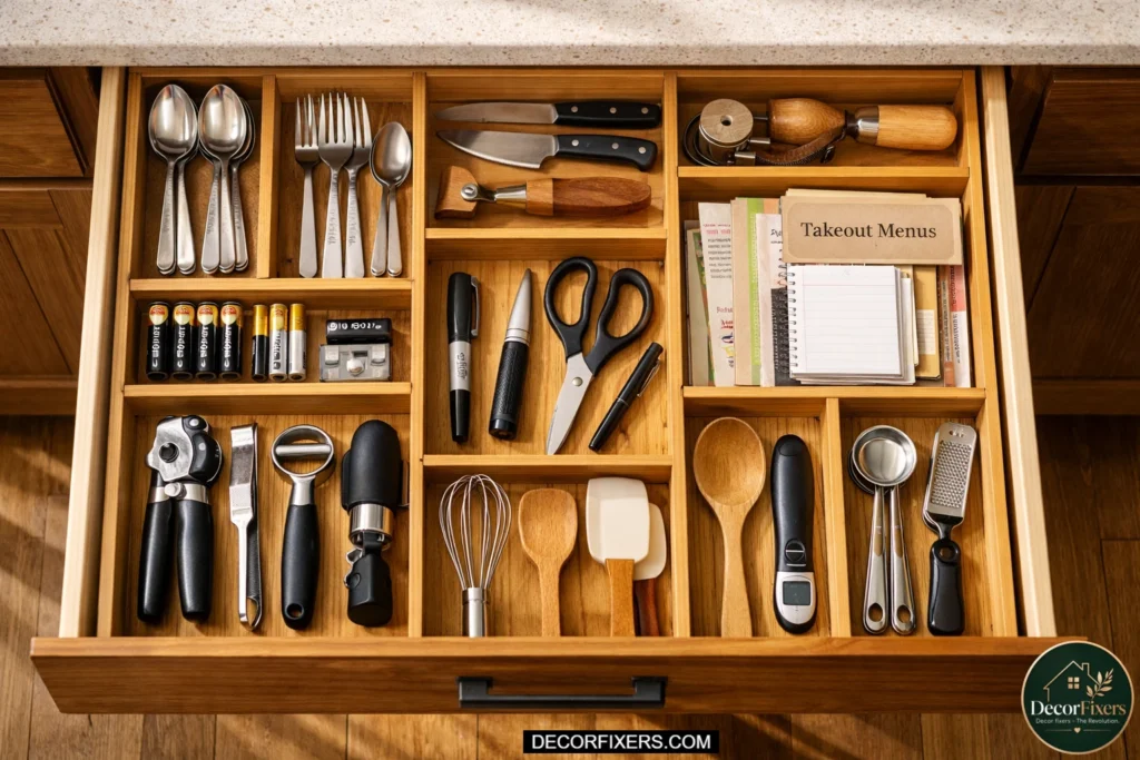 Top-down view of a kitchen drawer perfectly organized with bamboo dividers separating utensils, batteries, scissors, takeout menus, and kitchen tools