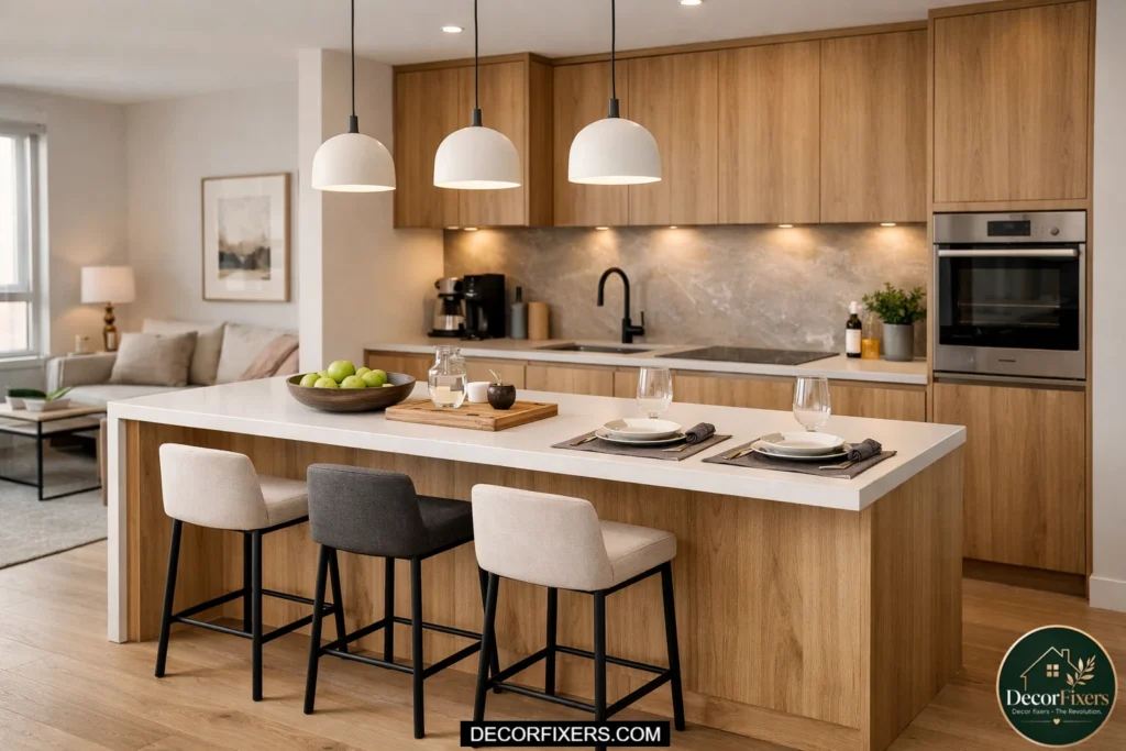 Kitchen island used as dining table in modern small apartment