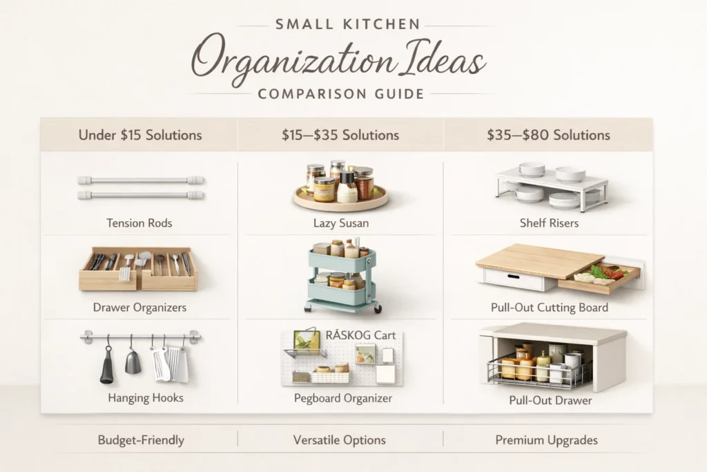 Featured image showing a fully organized small kitchen with multiple space-saving solutions combined.