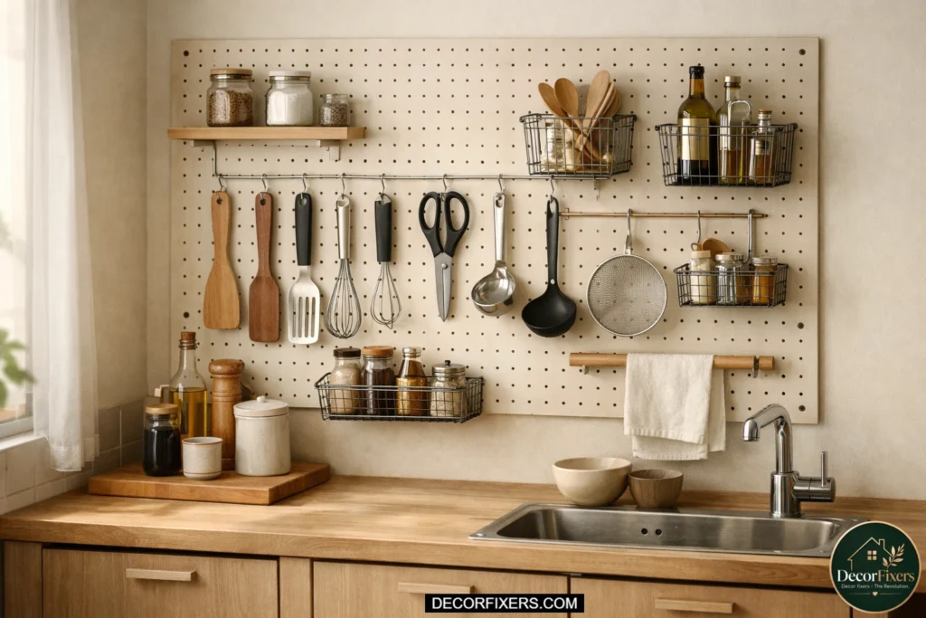 Large pegboard organizer mounted above kitchen countertop holding spatulas, whisks, ladles, scissors, and small baskets in a minimalist Scandinavian apartment kitchen