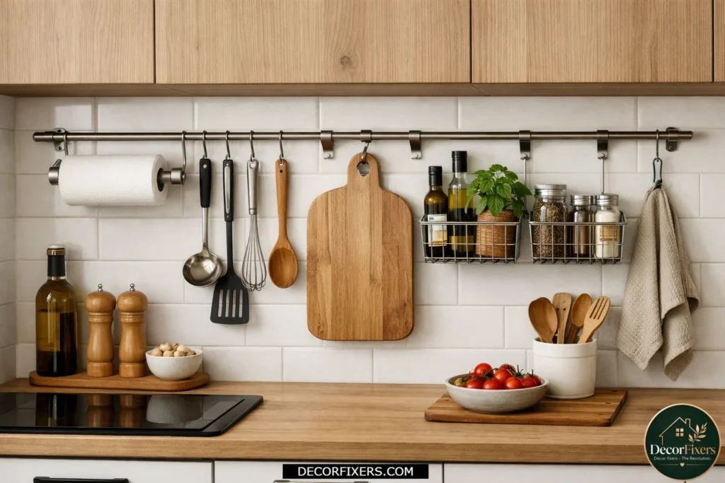 Wall-mounted rail system with hooks organizing utensils and kitchen tools.