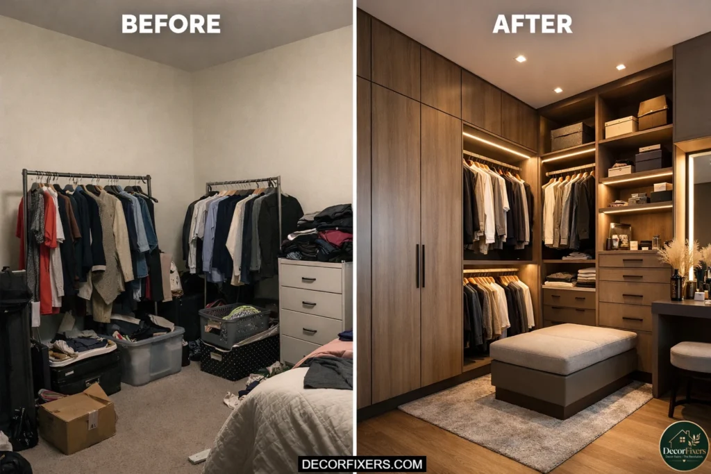 Before and after transformation of an L-shaped walk-in wardrobe zone in a master bedroom.