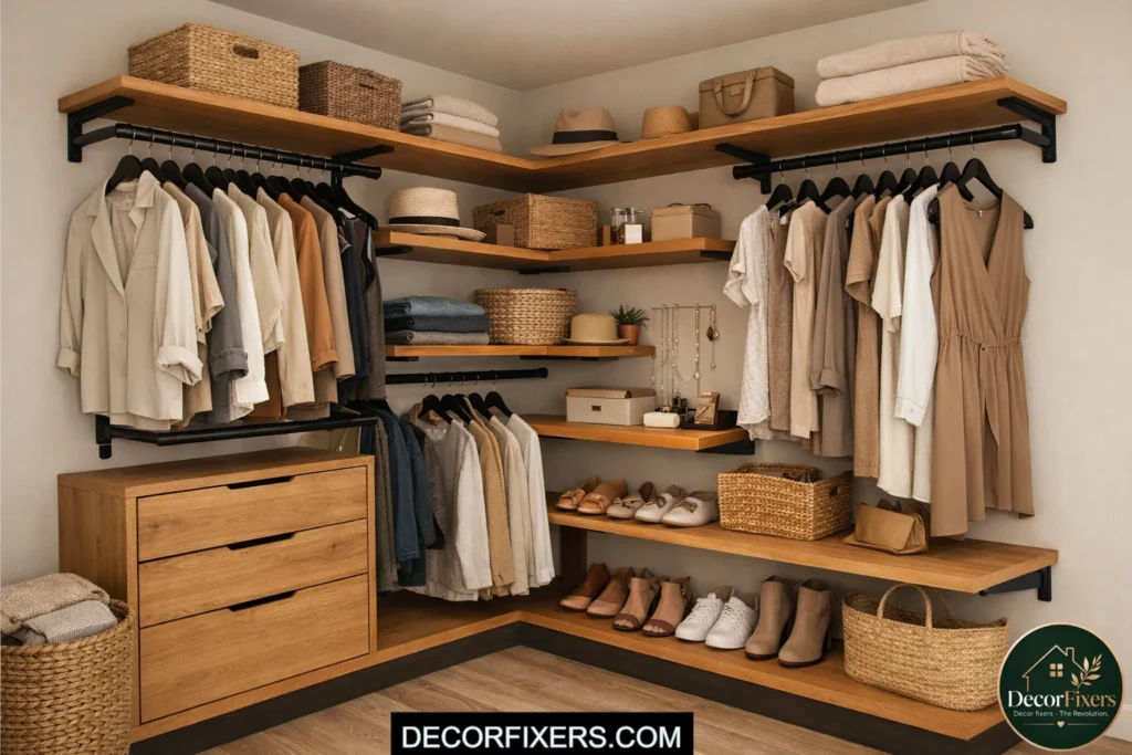 L-shaped DIY corner closet shelving and hanging rod setup