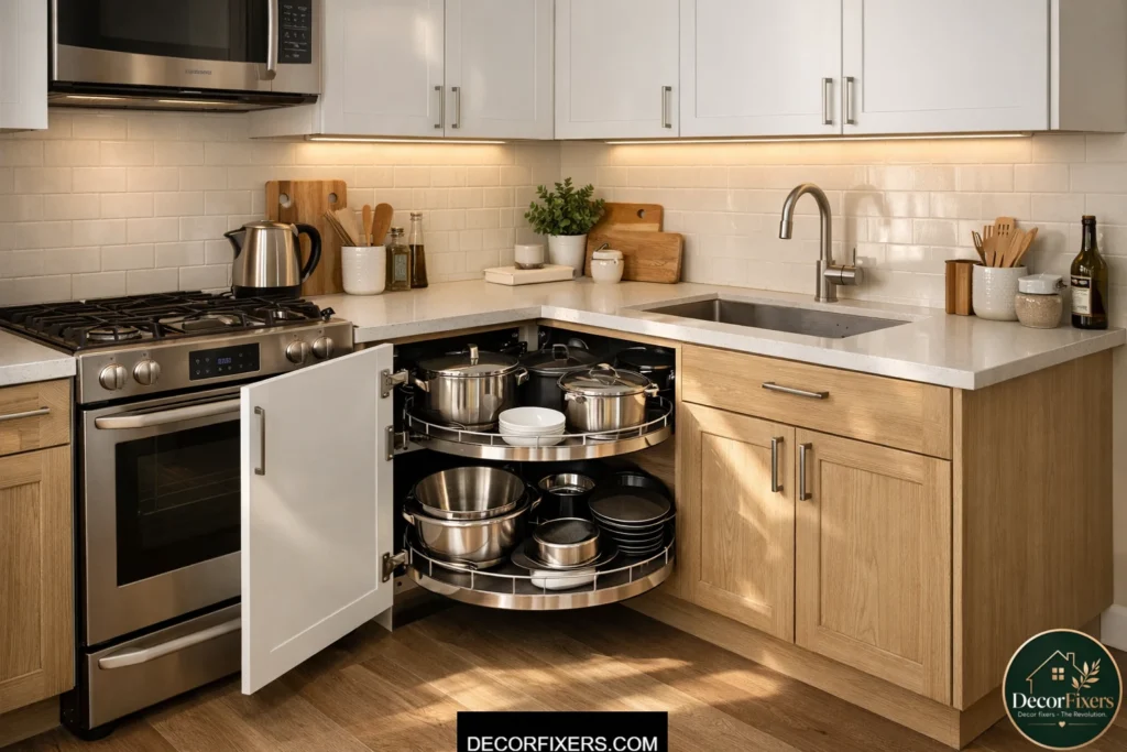 L-shaped small kitchen cabinet design with efficient corner storage solution